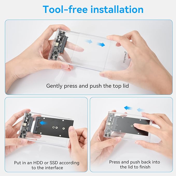 ELUTENG 2.5'' Hard Drive Enclosure 5Gbps USB 3.0 to SATA External Hard Drive Enclosure Tool Free Hard Drive Case for 7mm 9.5mm HDD SSD 4TB Capacity Support UASP Compatible with WD Seagate Samsung
