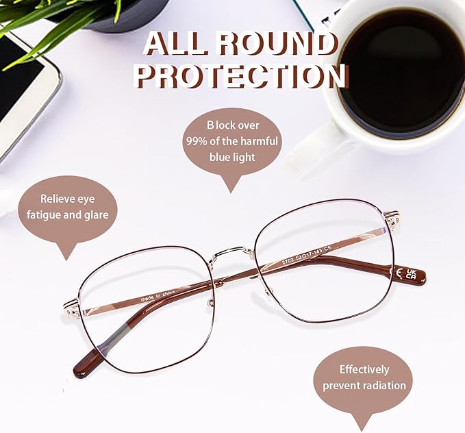 OPTOFENDY Metal Blue Light Blocking Glasses for Women Men, Fashion Square Computer Eyeglasses