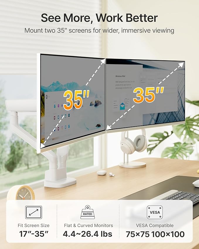 monTEK Dual Monitor Arm, Mechanical Spring Monitor Arm for 17-35" Screens, Adjustable Monitor Desk Mount Each Holds up to 26.4 lbs with C Clamp/Grommet Desk Mount, VESA 75/100mm