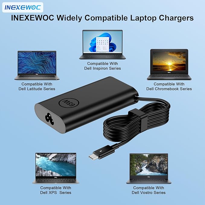 65W Watt USB Type C Laptop Charger Compatible with Dell Latitude 5420 5440 5520 5430 5450 5540 5550 7420 7440 7430 9250 XPS 12 13 9250 9350 9380 9370 9360 Chromebook 3100 Power Cord Adapter