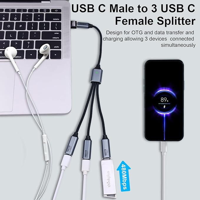 Danfetsoy USB C Splitter 1 in 3 Out Cable, USB C Y Splitter 1 Male to 3 Female Charging Cable & Type A Male to Type C Female Adapter Extension Converter for Laptop, MacBook, Phone, Hard Drive, 25cm