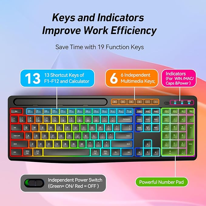 Wireless Keyboard and Mouse Combo with Backlit,2.4Ghz Rechargeable Light Up Keyboard Mouse with Phone Tablet Holder,11 Shortcut Keys,Silent 22 RGB Backlit Mouse,Quiet Click for Computer,PC,Mac,Windows