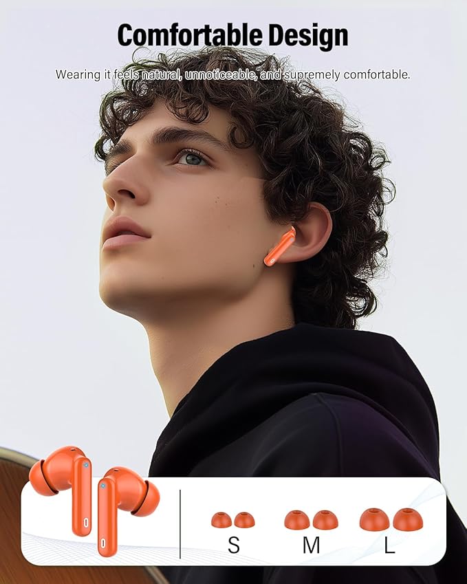 Wireless Earbuds, Bluetooth 5.4 Headphones Bass Stereo, Ear Buds with Noise Cancelling Mic, IP7 Waterproof in Ear Earphones, 36H LED Display Bluetooth Earbuds for Laptop Pad Phones, Deep Orange