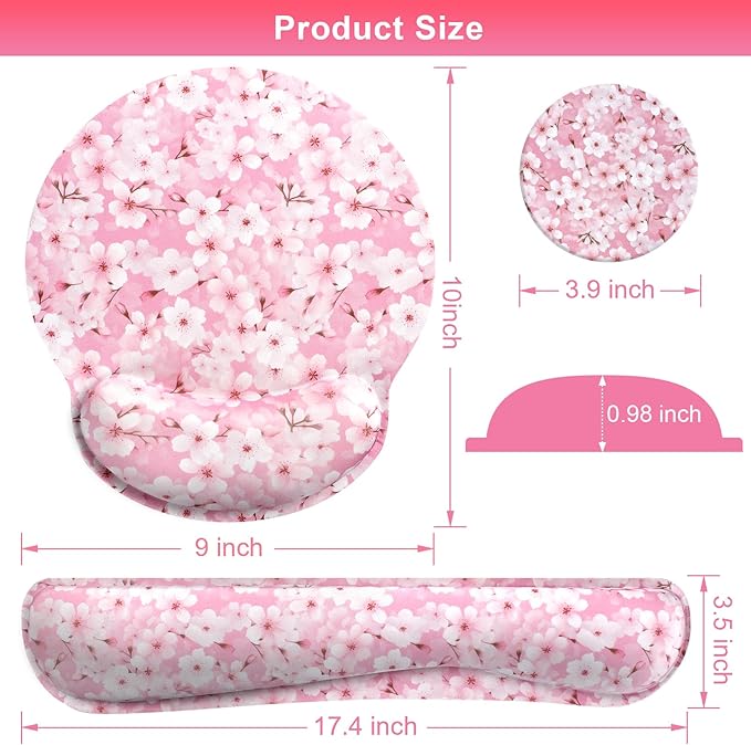Pink Cherry Blossom Mouse Pad with Wrist Rest and Keyboard Wrist Rest Set, Sakura Floral Ergonomic Memory Foam Mouse Pad Set for Women, Girls, Office, School