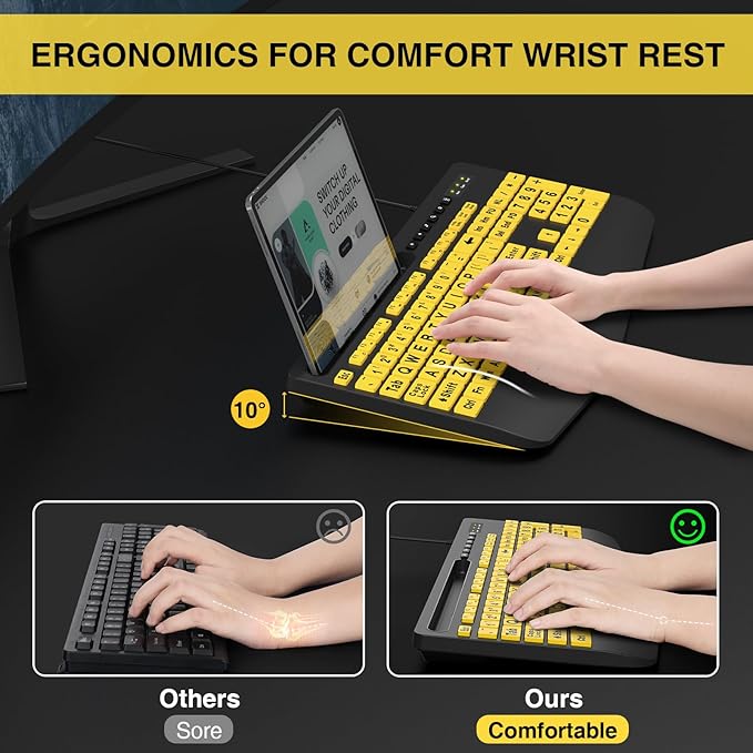 SABLUTE Large Print Computer Keyboards, Wired USB High Contrast with Wrist Rest, Phone Holder Oversized Print Letters Easy to Read for Visually Impaired Vision Individuals (Yellow+Black)