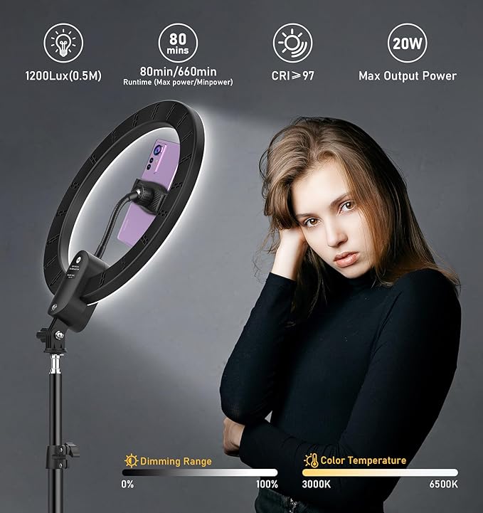 12 inch Ring Light with Stand 2800mAh Rechargeable, LED Circle Selfie Cordless Ringlight with 63" Tripod/Phone Holder/Remote for Makeup Live/Video Recording/Tiktok/YouTube/Podcasting/Vlogging