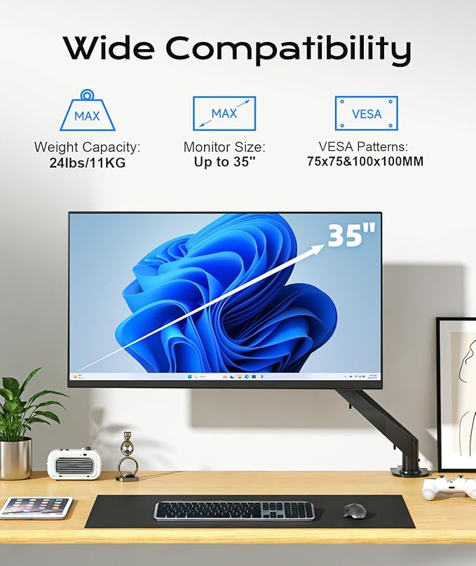 Gas Spring Monitor Arm 35 Inch,Adjustable Single Monitor Desk Mount with Swivel/Tilt/Rotation,Computer Monitors Stand Holder with Clamp Mounting Base, VESA Mount Bracket