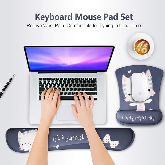 ToLuLu Keyboard Mouse Pad Wrist Rest, Gel Ergonomic Mouse Pads for Computer Laptop Office Home, Comfortable Mousepad Keyboard Wrist Support Memory Foam for Easy Typing Pain Relief, Cute Cat