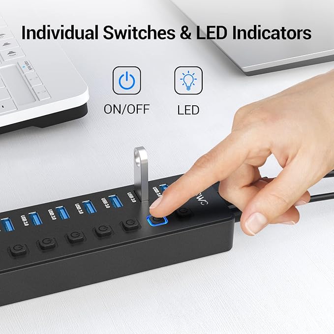 11-Port USB 3.0 Splitter (7 Data Transfer Ports + 4 Smart Charging Ports), Powered USB Hub with Individual LED On/Off Switches and 12V/3A Power Adapter