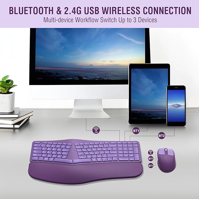 MK960 Ergonomic Wireless Keyboard Mouse Combo, Bluetooth/2.4G Split Design Keyboard with Palm Rest and 4 Level DPI Adjustable Wireless Mouse Multi-Device, Rechargeable, for Windows/Mac/Android(Purple)