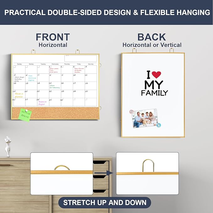 Calendar Whiteboard for Wall, 16"X12" Small Dry Erase Board Cork Board Combo, Hanging Double-Sided Magnetic White Board Monthly Calendar for Office, Kitchen, Home, Planner, Memo