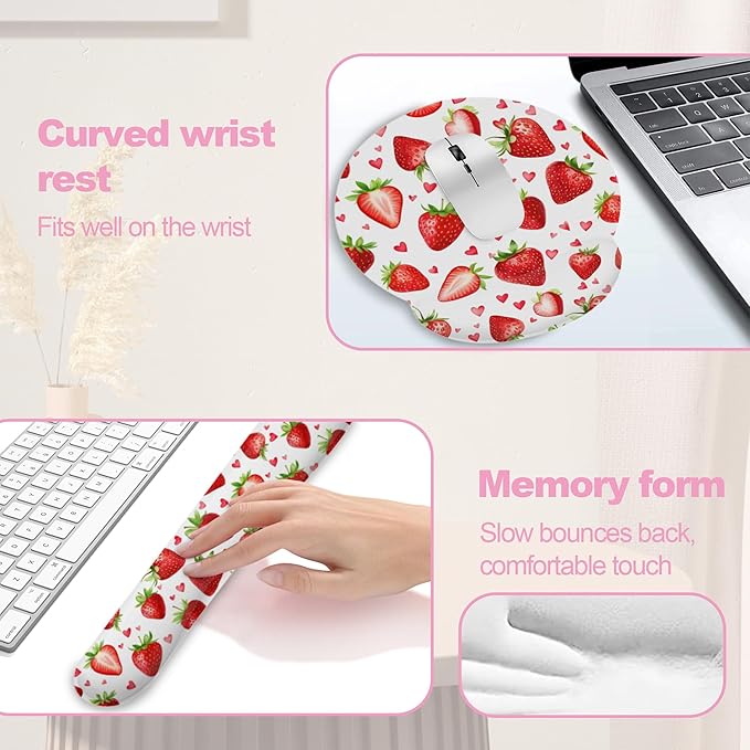 Cute Strawberry Heart Keyboard Wrist Rest Pad Mouse Pad Set,Ergonomic Mousepad Wrist Support Memory Foam Desk Pad for Gaming Office,Non-Slip Rubber Base Easy Typing for Home Office Computers