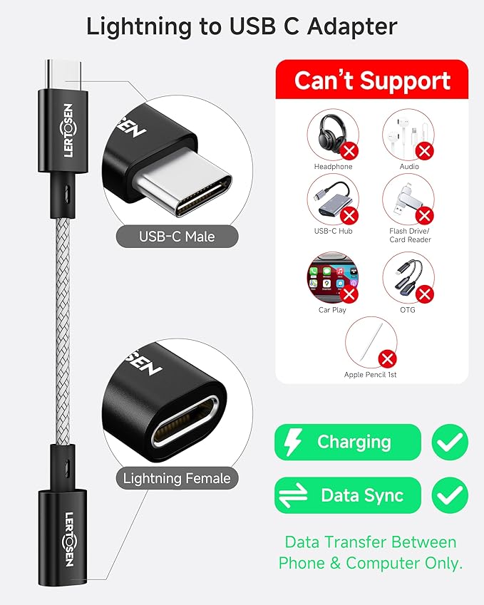 2 Pack Lightning to USB C Adapter, Fast Charging & Data Sync Adapter for iPhone 17 16 15 Pro Max Plus to USB-C, Compatible with Samsung S25/S24/S23, Not for Audio/OTG