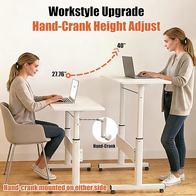 Hand Crank Small Standing Desk, Adjustable Height 27.76-40", Tiltable Tabletop with Wheels, Portable Laptop Computer Table, Rolling Podium Mobile Stand Up Desk for Walking Pad Treadmill, Home Office