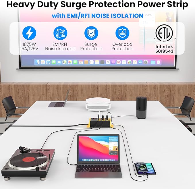 JUNNUJ Heavy Duty Power Strip Surge Protector 4800J, 6 Outlets with EMI/RFI Filtering and Noise Isolated Banks, Wall Mount Metal Multiple Plugs for Industrial Garage Shop,10FT Extension Cord Flat Plug