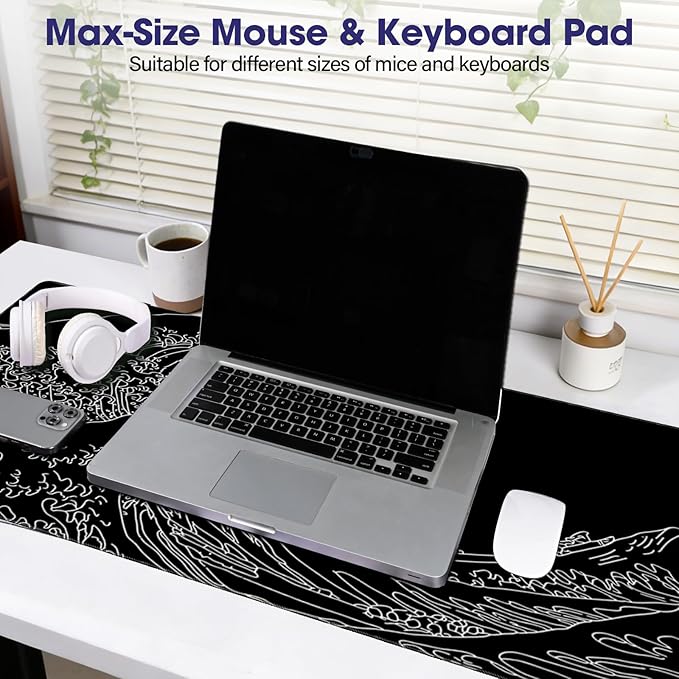 LifetimeWarrantly Japanese Sea Wave Large Gaming Mouse Pad – 35.4" x 15.7" Full Desk Mat, Non-Slip Rubber Base, Stitched Edges, Waterproof, Durable Surface for Esports, Office, Home