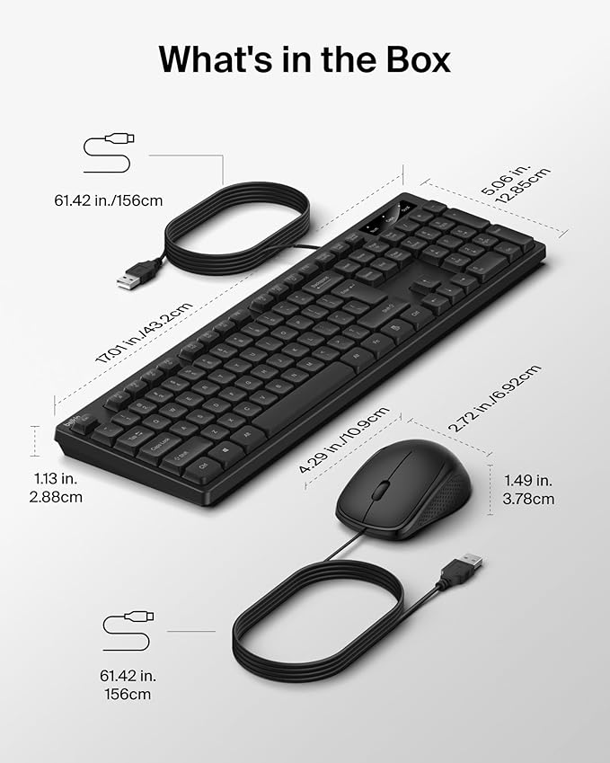 Belkin Connect Wired Keyboard and Mouse Combo - USB A Keyboard Set w/Wired Mouse, Ergonomic Design - Perfect for Home, Office, Desk, Compatible with Laptop, PC, Windows - Black