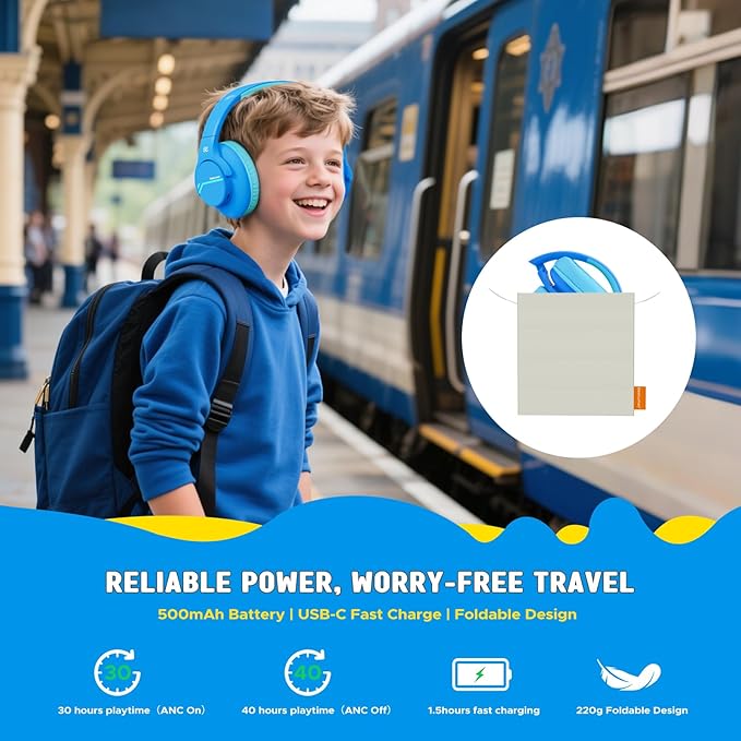 Steellumen Nova1Lite Kids Wireless Active Noise Cancelling Headphones, Bluetooth 5.3, Safe Volume 74/85/94dB, Real 40H Battery, Type-C Fast Charging, boy Girl Built-in Mic for School Travel Airplane