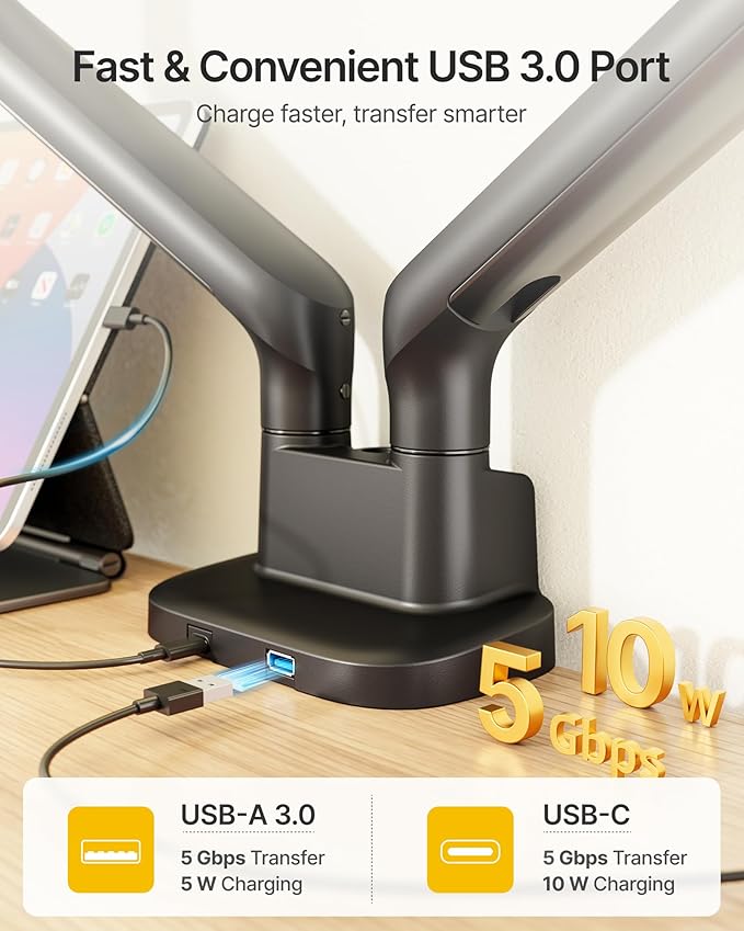 monTEK Dual Monitor Arm with USB, Mechanical Spring Monitor Arm for 17-35" Screens, Adjustable Monitor Desk Mount Each Holds up to 26.4 lbs with C Clamp/Grommet Desk Mount, VESA 75/100mm