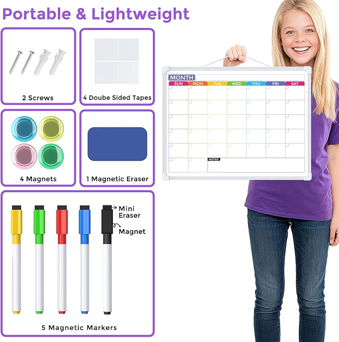 MaxGear Monthly Calendar Dry Erase Board for Wall, 16"x12" Small Hanging Double-Sided White Board with 5 Markers & 4 Magnets, Portable Whiteboard for Students - Planning, Drawing, Memo, to Do List