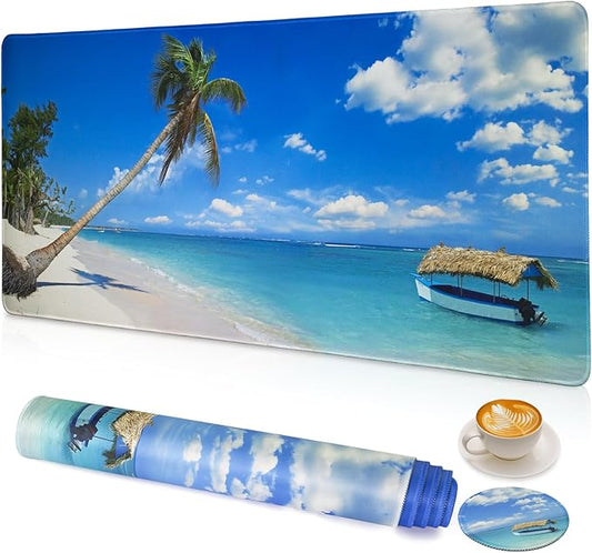 Large Gaming Mouse Pad with Coaster, Desk Matt for Desktop, Desk Pad, Mouse Pads Mat, Stitched Edges Big Extended Mousepad for Computer Keyboard Laptop Office Decor, 31.5'' x15.6''-Sunshine Sea