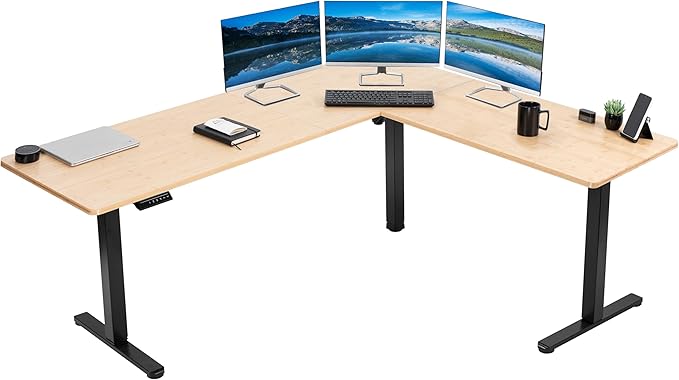 VIVO Corner Standing Desk, 75 x 63 inch Reversible L-Shaped Workstation, Electric Height Adjustment, Home, Office, and Reception Rooms, Real Bamboo Table Top Black Frame, DESK-E3CTBO-75