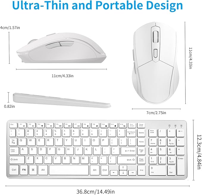 Wireless Keyboard Mouse Combo ;Compact Design with Number Pad, Rechargeable, Quiet, 2.4 GHz USB Receiver, Slim Keyboard and Ergonomic Mice Set for Windows Computer Desktop PC Laptop -Silver White