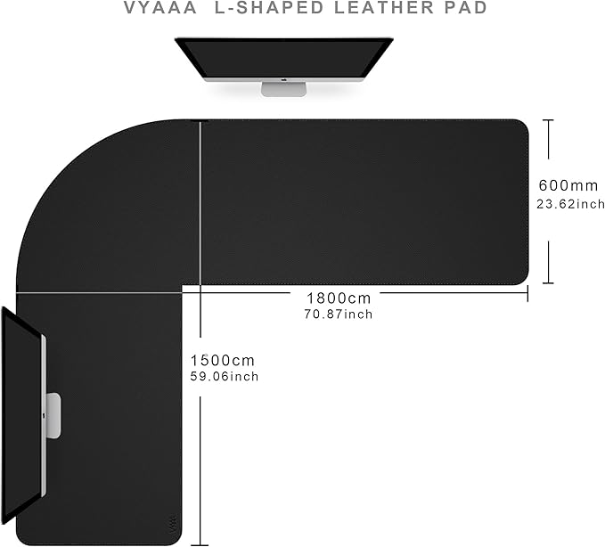 Vyaaa (59"+70.8") x 23.6" L Shaped Leather Desk Pad (Black), Dual-Sided Reversible PU Leather Desk Mat, Extra Large Mouse Pad, Compatible with L Shape Computer Desk for Home or Office