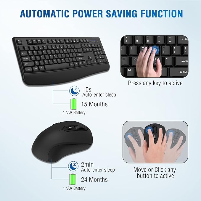 Wireless Keyboard and Mouse Combo, Full-Sized 2.4GHz Comfortable Palm Rest and Optical Wireless Mouse for Windows, Mac OS PC/Desktops/Computer/Laptops(2 Pack)