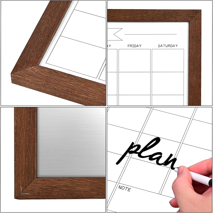 Dry Erase Monthly Calendar Whiteboard, Magnetic White Board for Wall, Office/School/Home, Solid Pine Wood Walnut Brown Frame Hanging Board 10.6"x 14.6"(YL-WB-2737-B)