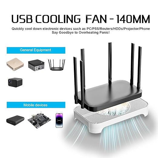 X3 USB Cooling Fan, 18dB Ultra-Quiet 140mm USB PC Fan with Built-in Cable & One-Touch Switch for Router, Receiver, Amplifier, DVR, PlayStation, Xbox, Computer Cabinet Electronics Cooling