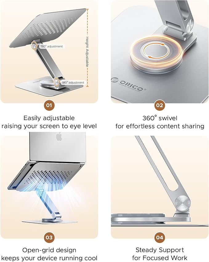 ORICO Adjustable Laptop Stand with 360° Rotating Base– Foldable Aluminum Alloy Laptop Holder for Desk, Compatible with MacBook Air/Pro, Dell, HP, XPS Laptops (13–17.3”) - ST10, Silver