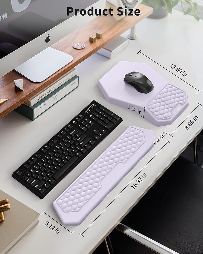 Ergonomic Mouse Pad Wrist Rest Support, Massage Design Surface for Carpal Tunnel Pain Relief, Memory Foam, Non-Slip PU Base for Computer Desk, Purple