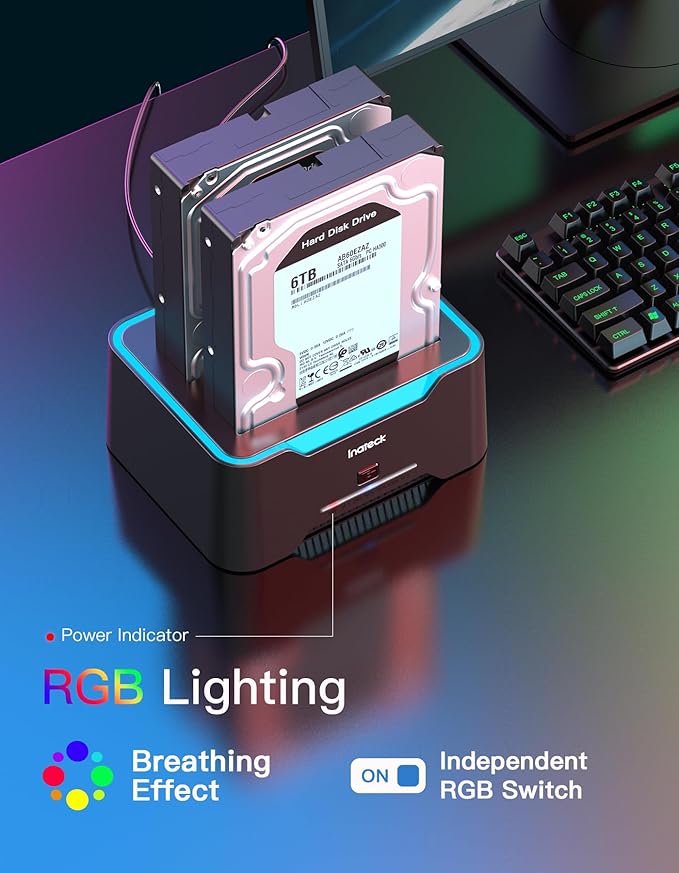 Inateck RGB SATA to USB 3.0 Hard Drive Docking Station with Offline Clone, for 2.5 and 3.5 Inch SATA HDD and SSD, Supports UASP, SA02004 Black