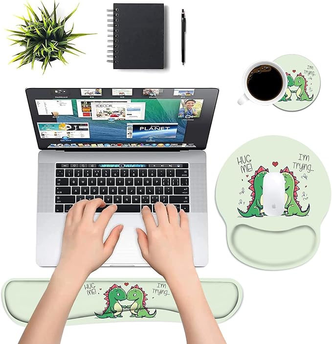 Keyboard and Mouse Wrist Rest Pad Set with Coasters, Ergonomic Support, Non-Slip PU Base, Easy Typing and Relieve Wrist Pain, Perfect for Home Office Working Studying, Cute Little Dinosaur