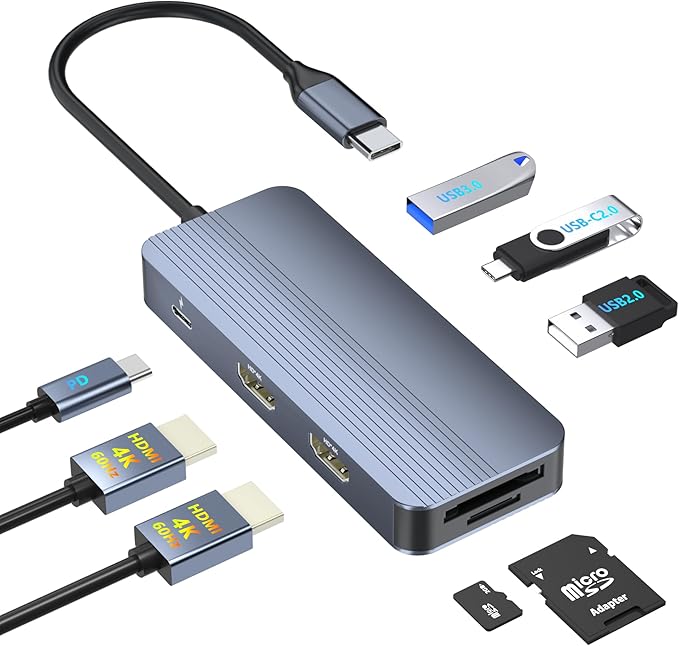 USB C Docking Station Dual HDMI, 4K@60Hz 8 in 1 Docking Station Dual Monitor for Mac/Dell/HP Laptop, HDMI Splitter for Dual Monitors, Double HDTV USB C Hub Multiport Adapter with USB/PD/SD/TF
