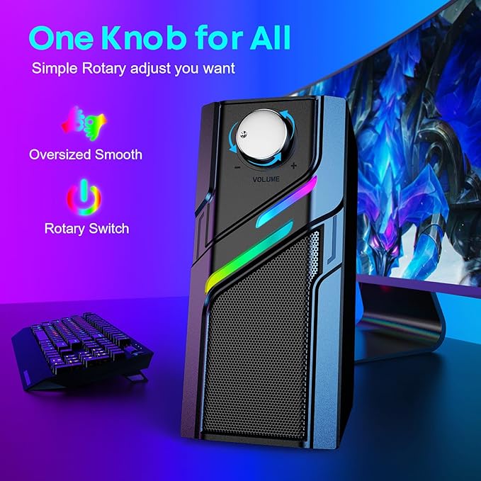 LENRUE Computer Speakers for Desktop PC with Easy Knob, Clear Powerful Sound, Touch Lights, Plug and Play for Computer Desktop PC, Monitors, Laptop