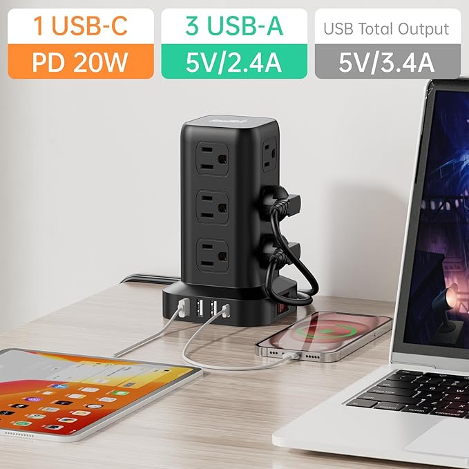 Extension Cord with Multiple Outlets, SMALLRT Surge Protector Tower, PD 20W USB C, Power Strip with USB Ports 12 AC Outlets, 10FT Outlet Extender for Home Dorm, Office Supplies, Overload Protection