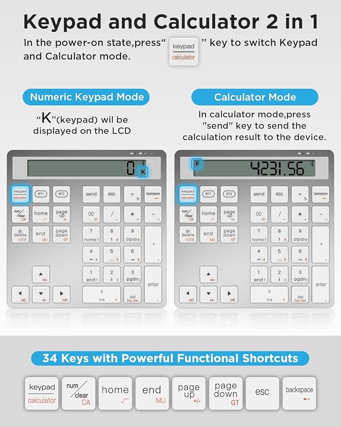 HoRiMe Number Pad for Laptop - Rechargeable Wireless Number Keypad 34 Keys with Dual Bluetooth, 2 in 1 Numeric Keypad Calculator with Display - Portable Slim Numpad for Windows, Mac, iMac, PC, Tablet