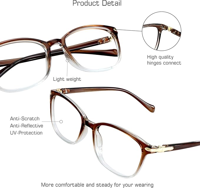 VisionGlobal Blue Light Blocking Glasses for Women Men, Stylish Square Frame(Clear Brown,No Magnification)