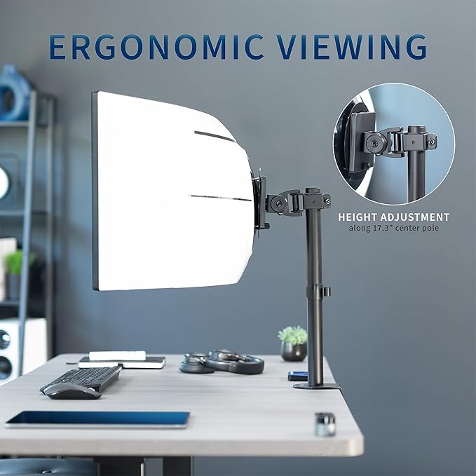 VIVO Clamp-on Single Ultra Wide Monitor Desk Mount, Low Profile Heavy Duty Adjustable Stand for 1 Ultrawide Screen up to 49 inches, 44 lbs Capacity, Black, STAND-V100C