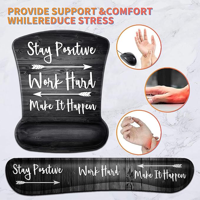 Keyboard Wrist Rest Pad and Ergonomic Mouse Pad Wrist Support Set Stay Positive Work Hard and Make It Happen for Gaming,Office, Comfortable and Pain Relief with Coaster Set