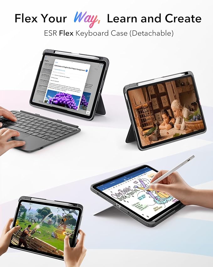 ESR for iPad Air 11 Inch Case with Keyboard M4/M3/M2 (2026/2025/2024) & Air 5th/4th Gen Flex Keyboard Case, Ultra-Light Magnetic Detachable Keyboard, Larger Precision Trackpad, Dark Gray