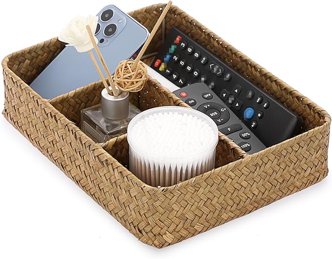 BTSKY Desk Drawer Organizer Tray, Coffee Station Organizer Tea Bag Organizer, Woven Seagrass Storage Basket with 4 Divided Sections Handwoven Wicker Storage Basket for Shelves, Pantry, Coffee Bar