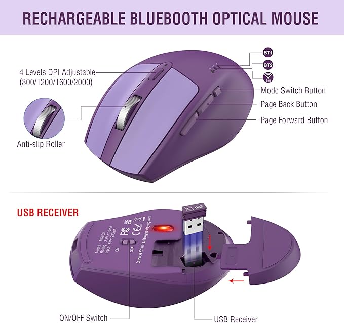MK960 Ergonomic Wireless Keyboard Mouse Combo, Bluetooth/2.4G Split Design Keyboard with Palm Rest and 4 Level DPI Adjustable Wireless Mouse Multi-Device, Rechargeable, for Windows/Mac/Android(Purple)