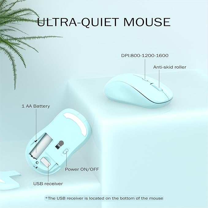 Wireless Keyboard and Mouse Combo, 110 Round Quiet Keys, Adjustable Optical Mouse, Share 1xUSB Receiver, Power Switch, for Windows Mac(Blue)