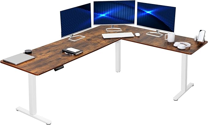 VIVO Corner Standing Desk, 84 x 63 inch Reversible L-Shaped Workstation, Electric Height Adjustment, Home, Office, and Reception Rooms, Rustic Vintage Brown Table Top White Frame, DESK-E3CTWN-84