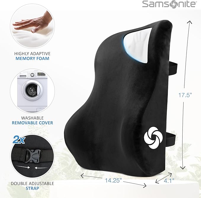 Samsonite Memory Foam Lumbar Support Pillow, Ergonomic Back Cushion for Office Chair, Gaming Chair, Automotive Full Back Support, Home Essentials for Sitting Comfort and Posture Relief, Black