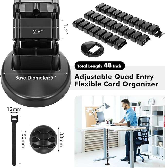 Yaomiao 2 Pack Under Desk Vertebrae Cable Management Kit Standing Desk 48 Inch Adjustable Quad Entry Flexible Cord Organizer with Ties, Stick-on Clips Cable Management Set for Home User Office Worker