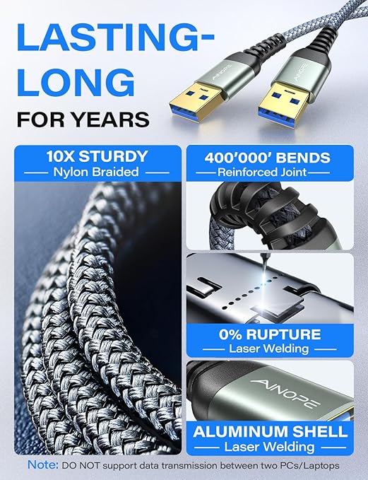 AINOPE USB to USB Cable, USB 3.0 A to A Male to Male Cable [Never Rupture] Double End Type A Cord Compatible with Hard Drive Enclosures, KVM, DVD Player, TV, Laptop Cooler, 3.3Ft/Grey